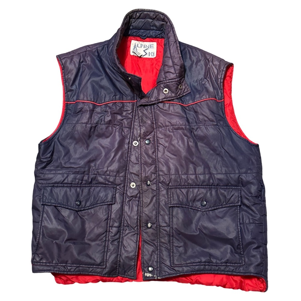 Alpine Ski Puffer Vest Blue Red Quilted‎ Snap Front Pockets Outdoor Gorpcore